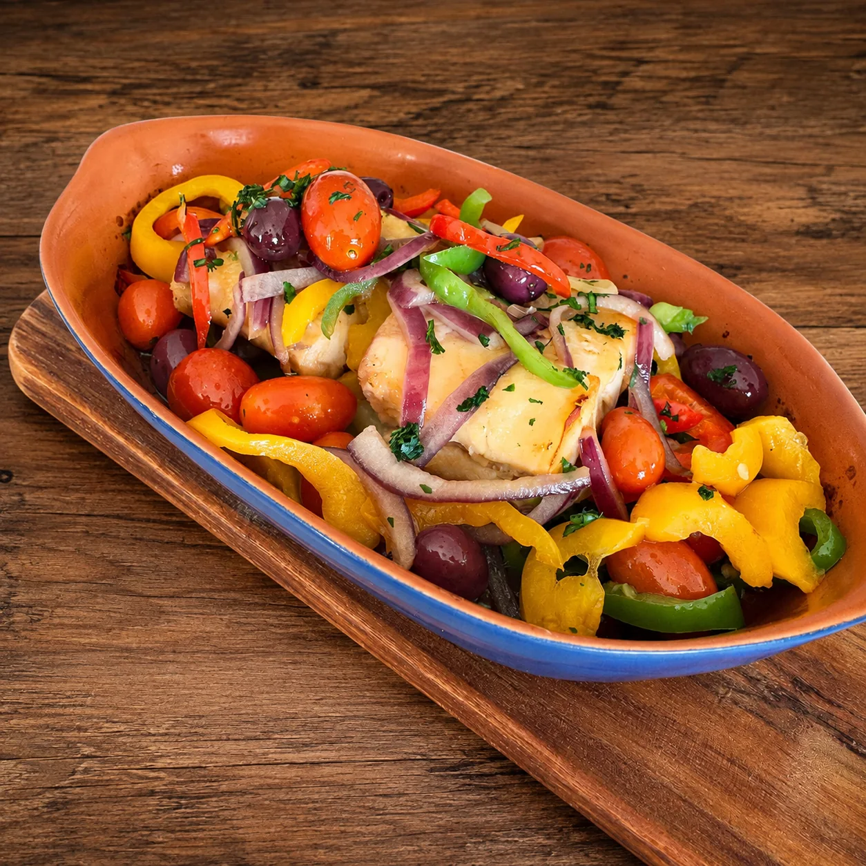 Bacalhau Catarina com pimentões, tomates e azeitonas