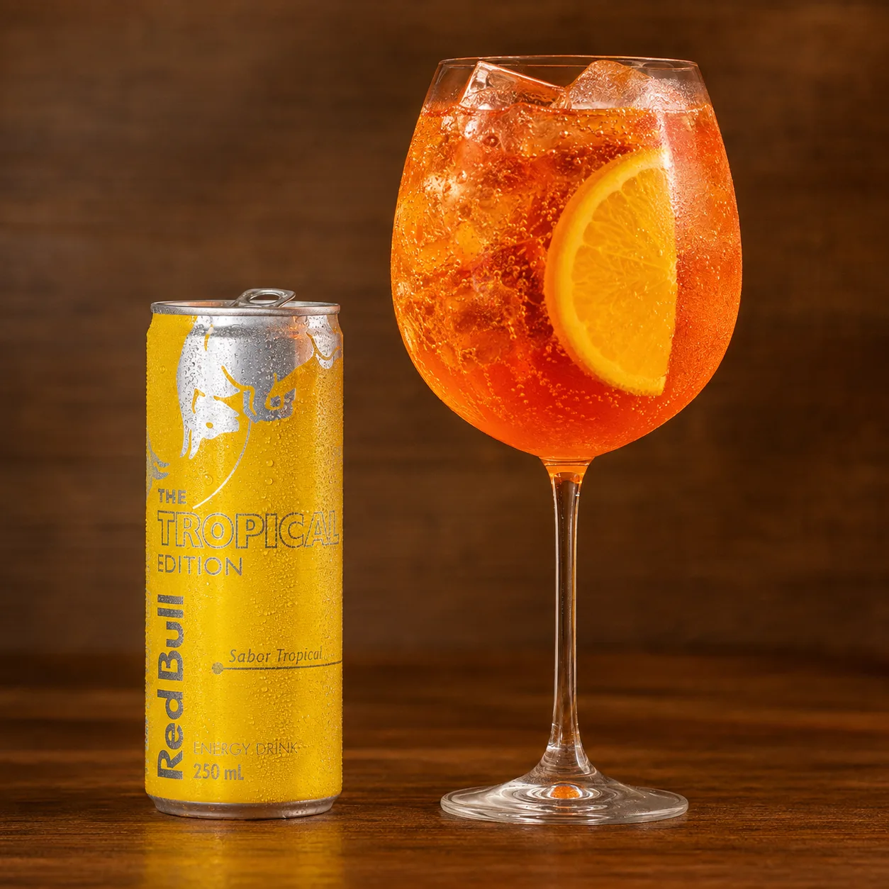 Aperol Tropical com laranja e Red Bull Tropical Edition