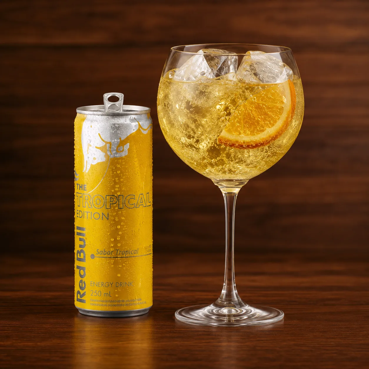 Tropical Gin servido com Red Bull Tropical Edition