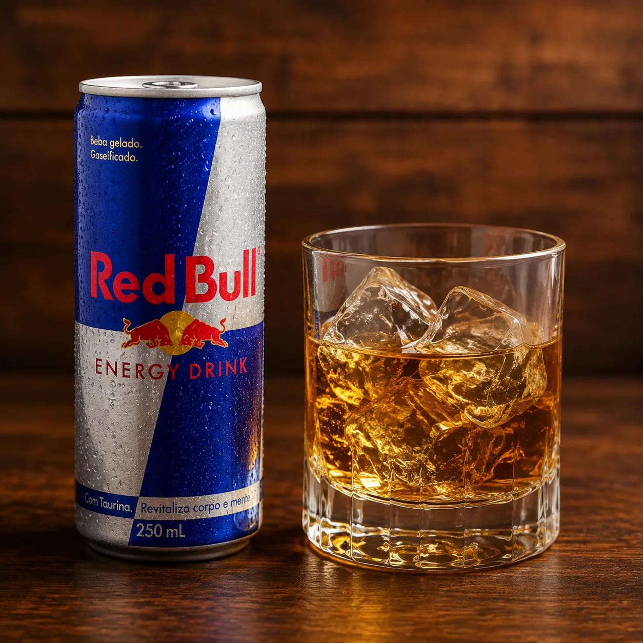 Whisky com gelo acompanhado de Red Bull Energy Drink
