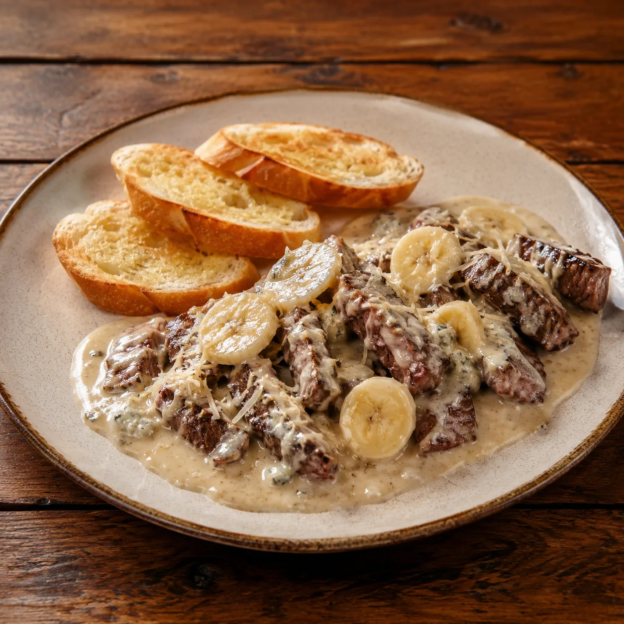 Filé ao molho de gorgonzola acompanhado de banana e pães