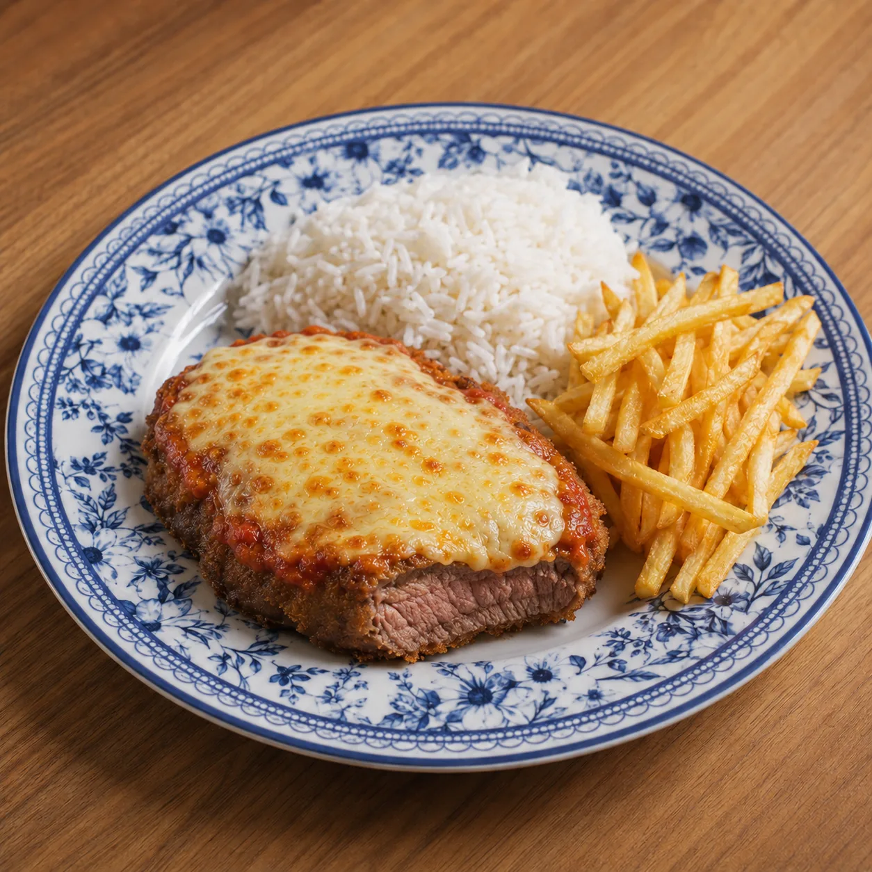 Filé mignon à parmegiana com arroz branco e batatas fritas