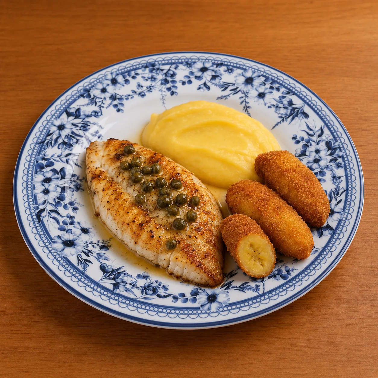 Filé de tilápia grelhado com alcaparras, purê e banana empanada