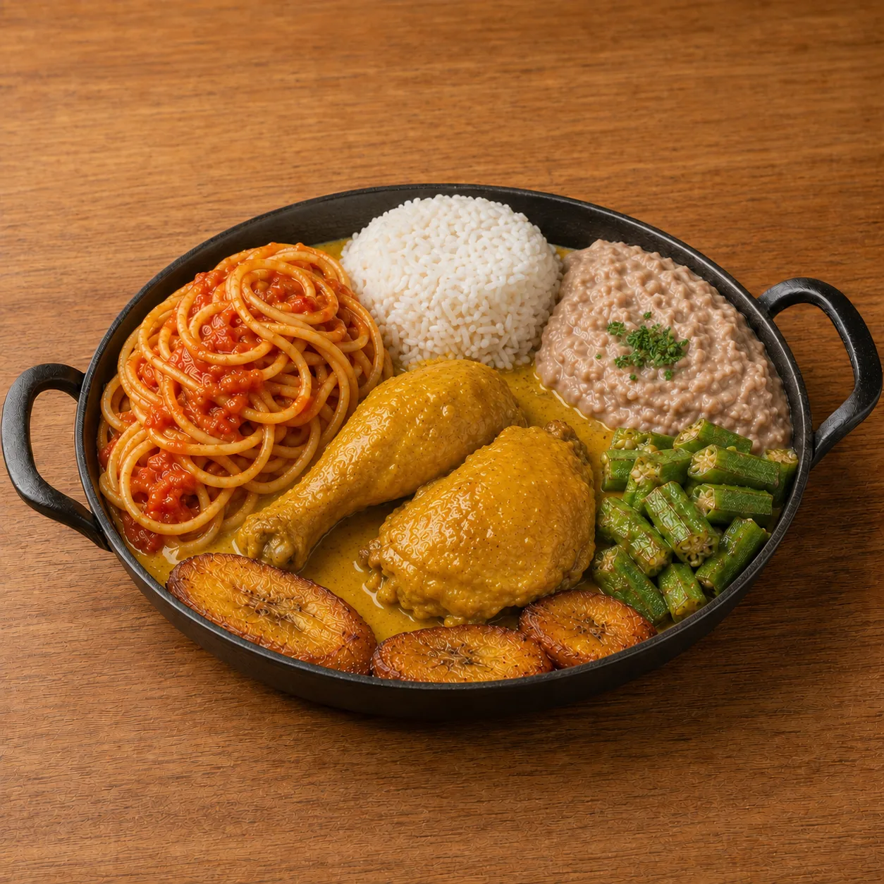 Frango caipira acompanhado de arroz, tutu de feijão, macarrão, quiabo e banana frita