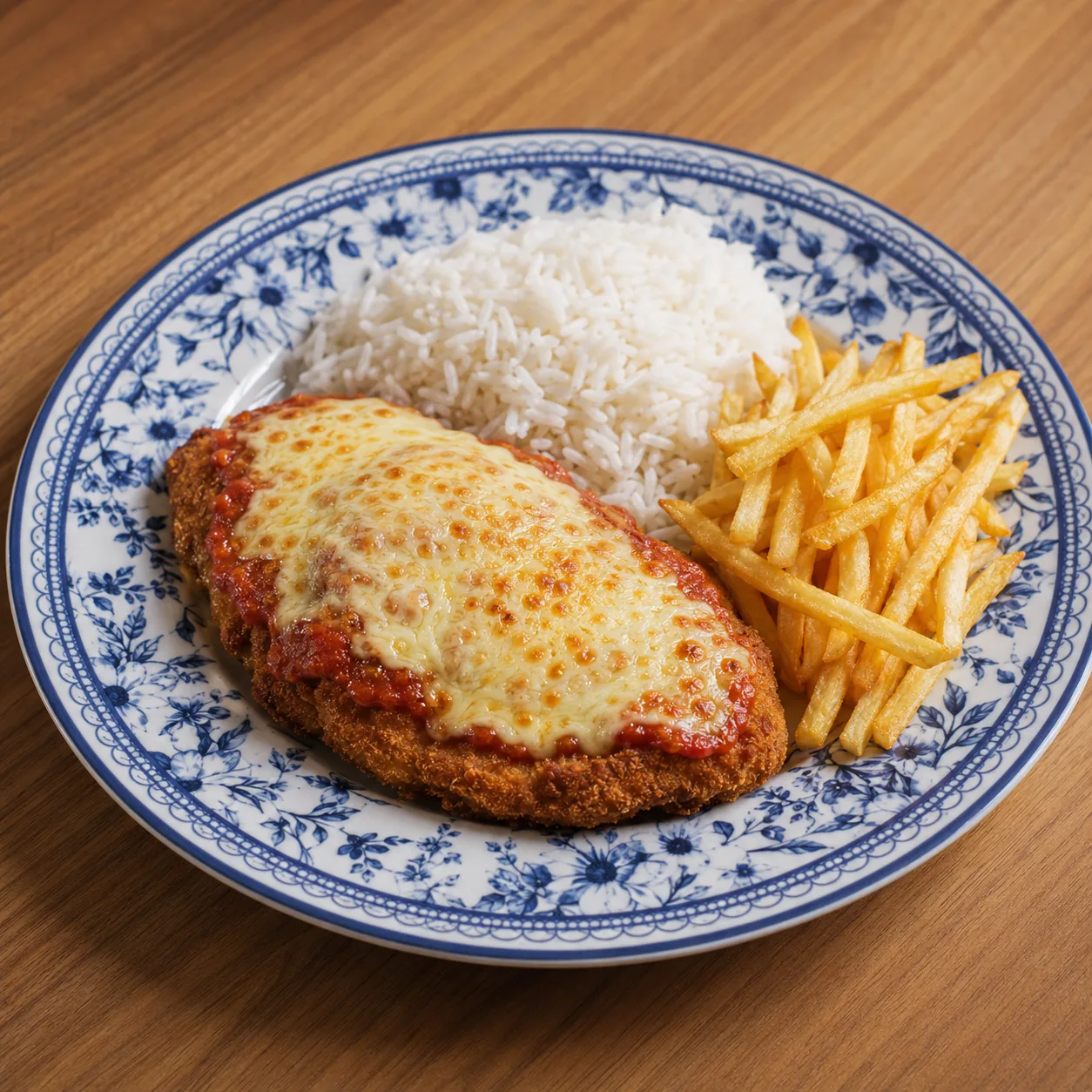 Frango à parmegiana com arroz branco e batatas fritas