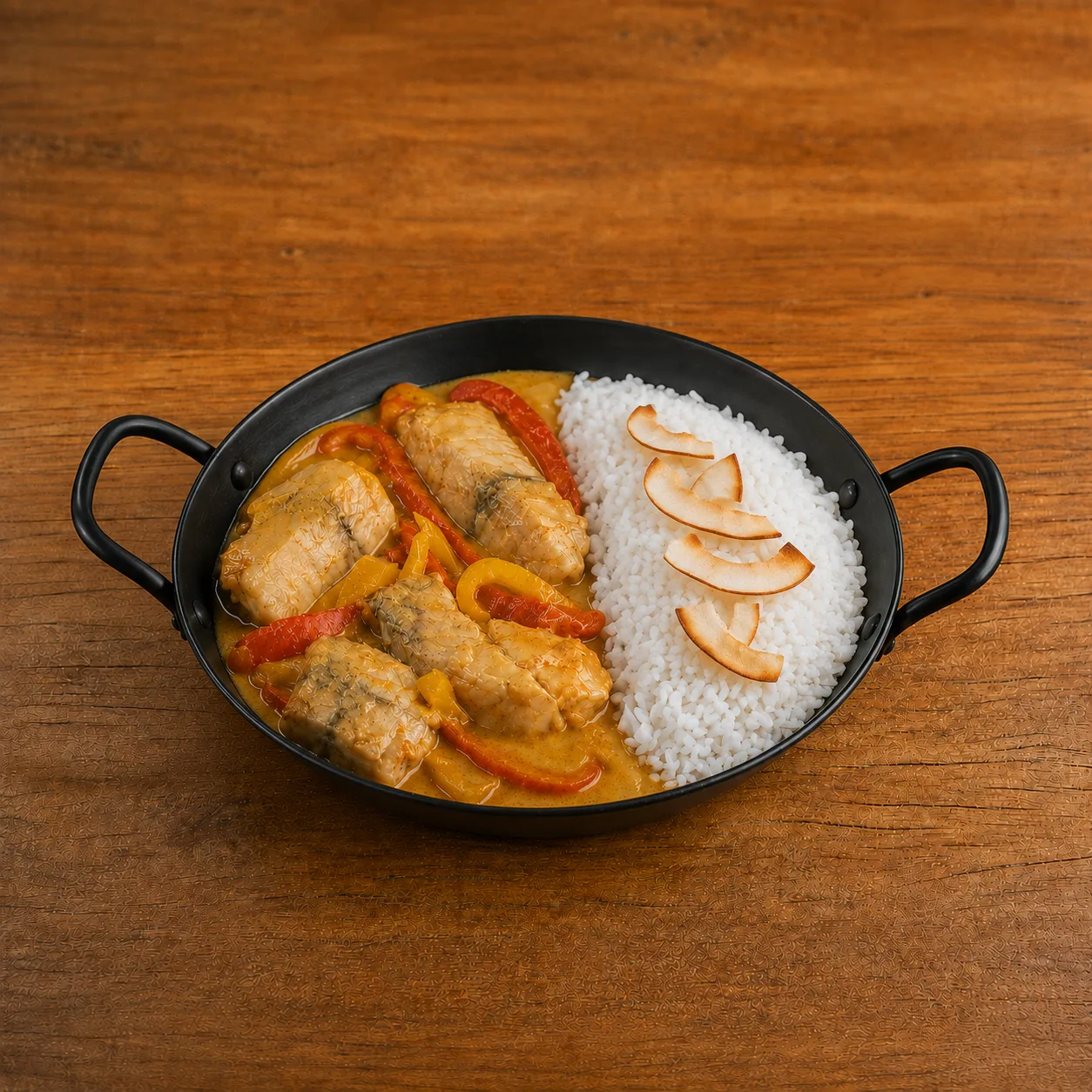 Moqueca Catarina servida com arroz branco e lascas de coco