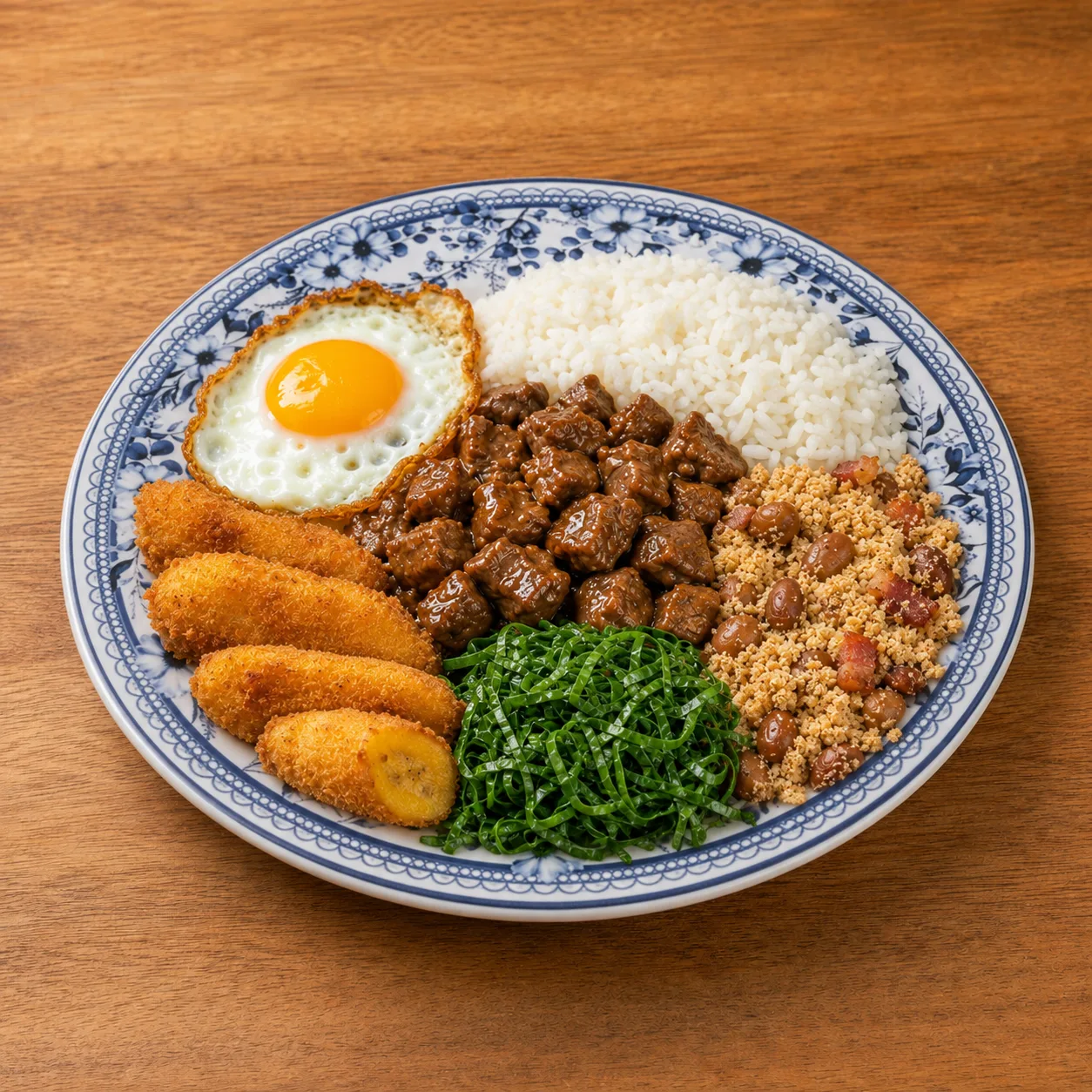 Nosso Picadinho com arroz, feijão tropeiro, couve, banana empanada e ovo