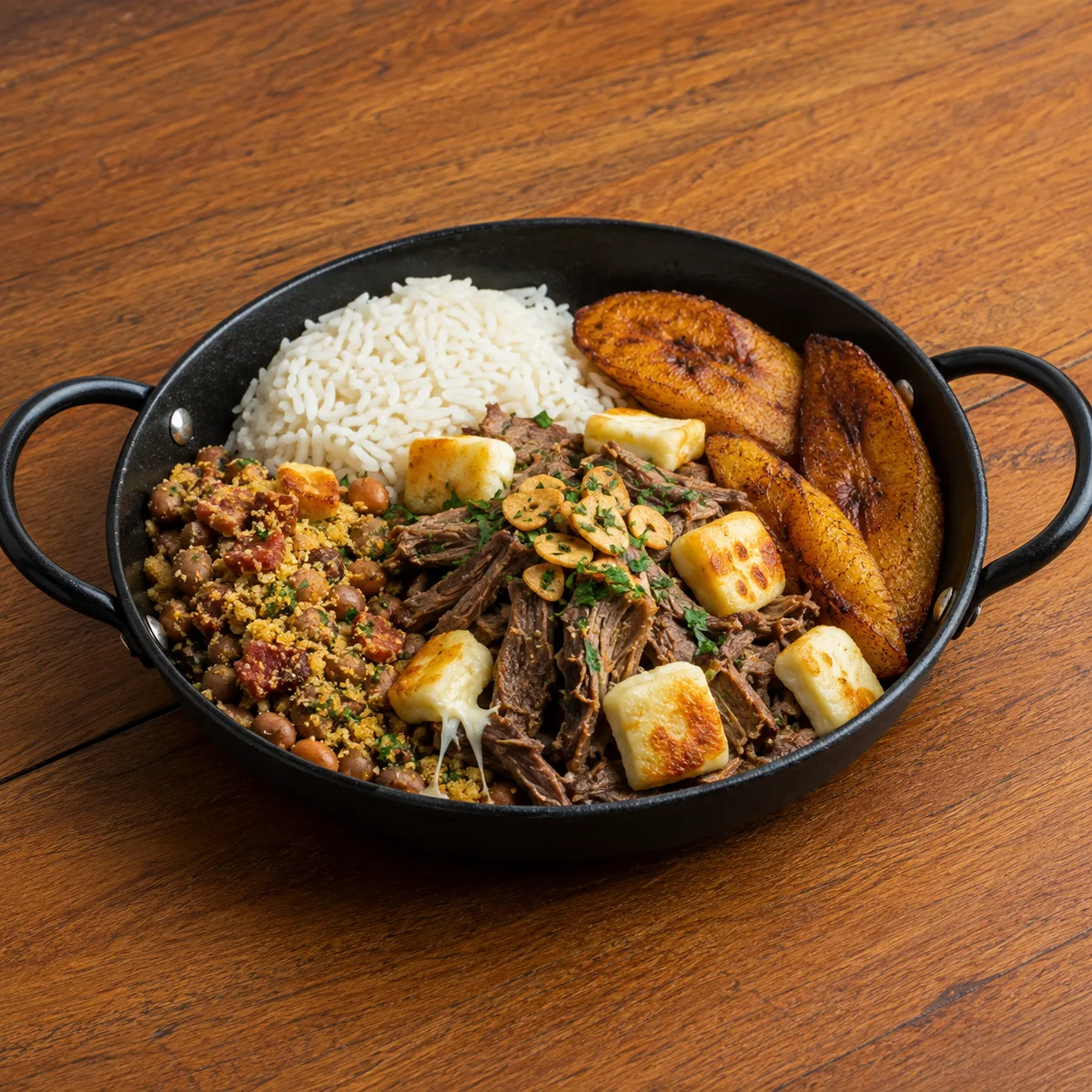 Panelinha mineira com fraldinha, queijo, feijão tropeiro, arroz e banana da terra
