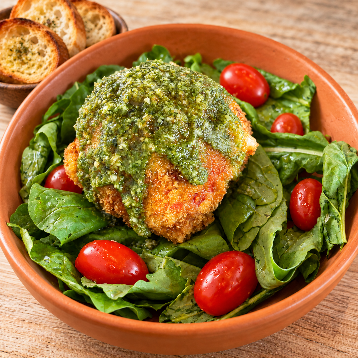 Burrata crocante servida com rúcula, pesto e tomatinhos