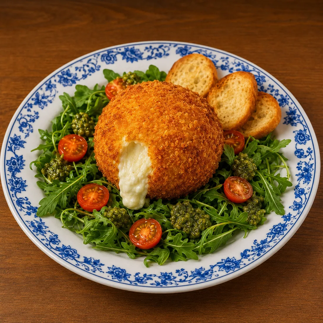 Burrata crocante servida com rúcula, pesto e tomatinhos