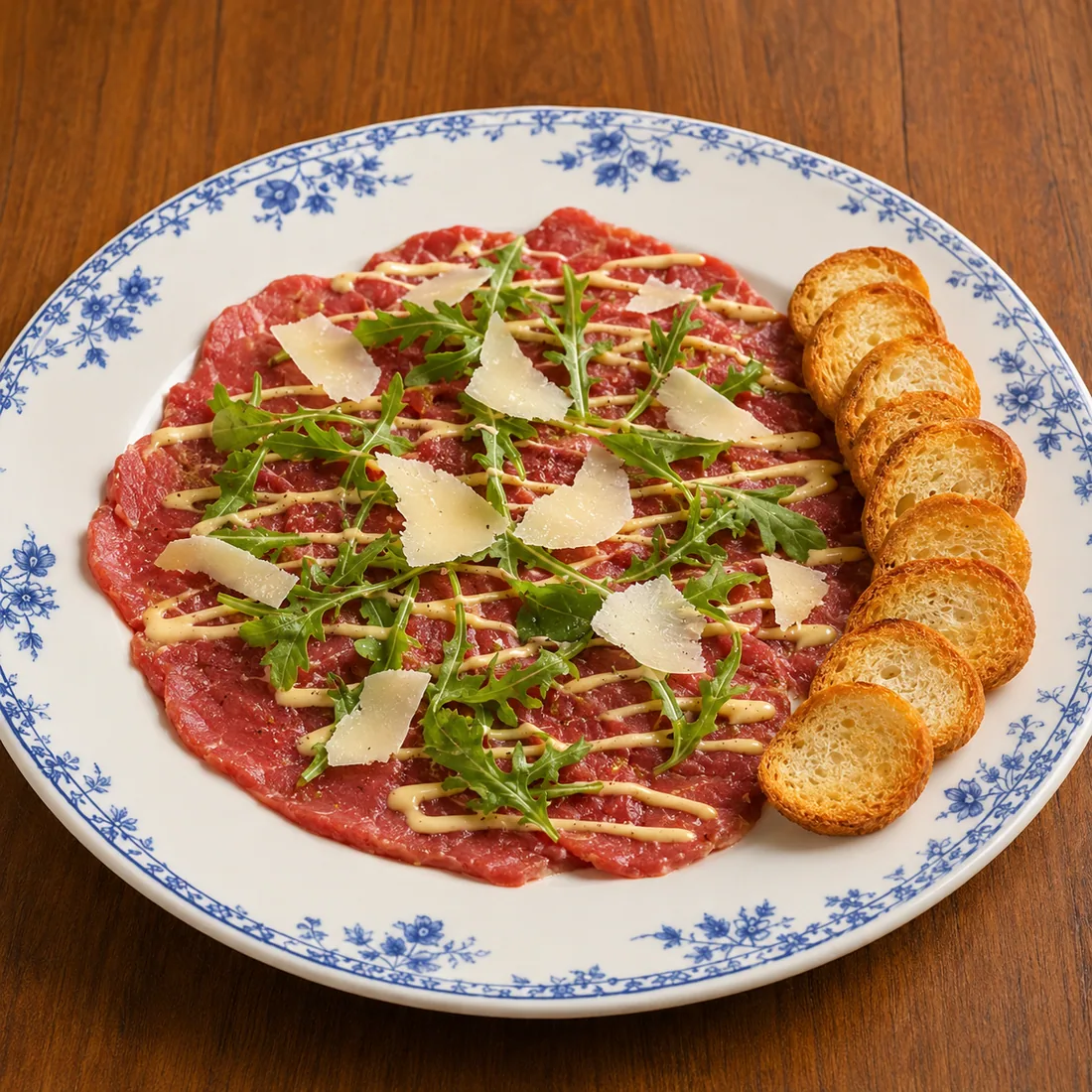 Carpaccio de filé mignon com rúcula, parmesão e torradas