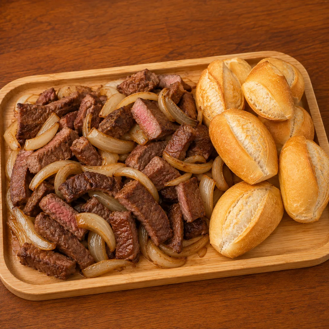 Tiras de filé mignon acebolado com pãezinhos