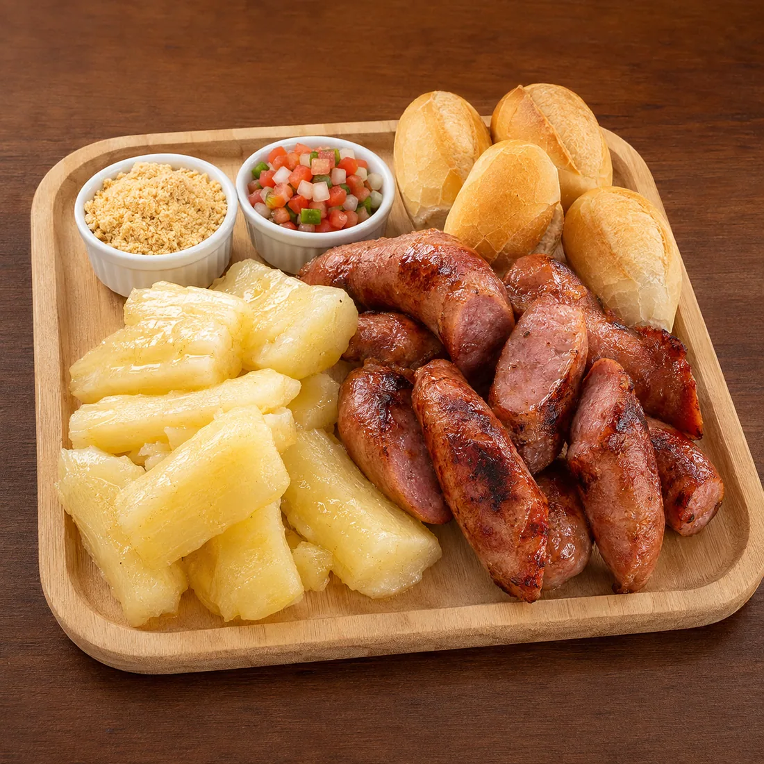 Linguiça caipira com mandioca, vinagrete, farofa e pãezinhos