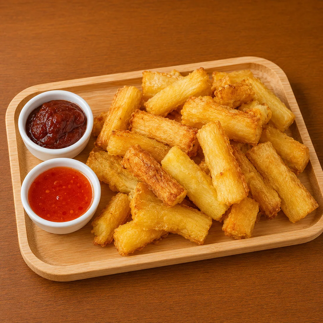 Mandioca da fazenda frita com geleias