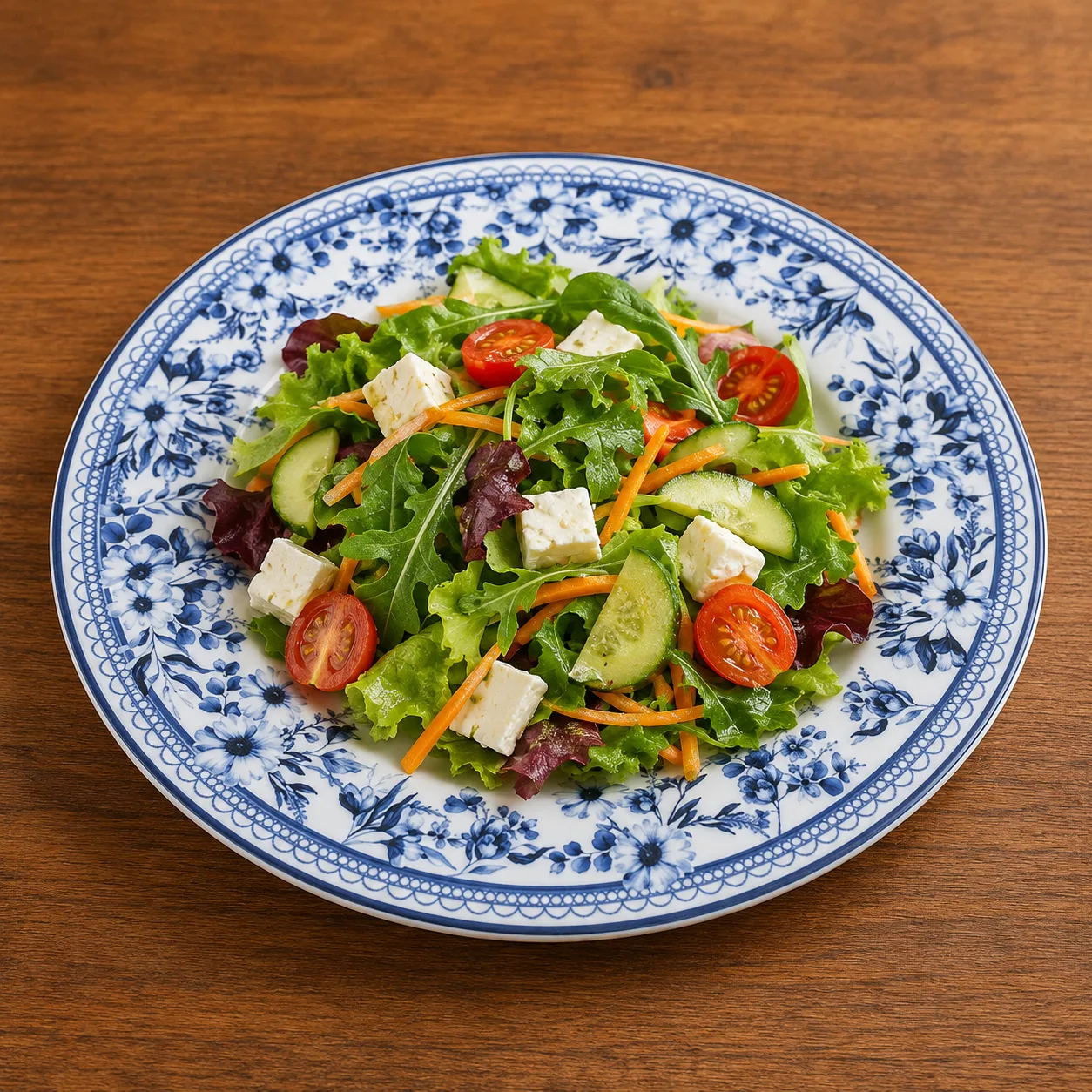 Salada Catarina com folhas, pepino, cenoura, queijo minas e tomatinhos