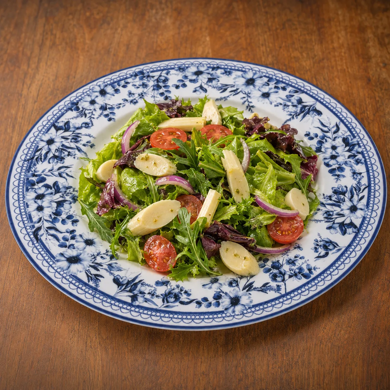 Salada especial com folhas, tomatinhos, cebola roxa e palmito