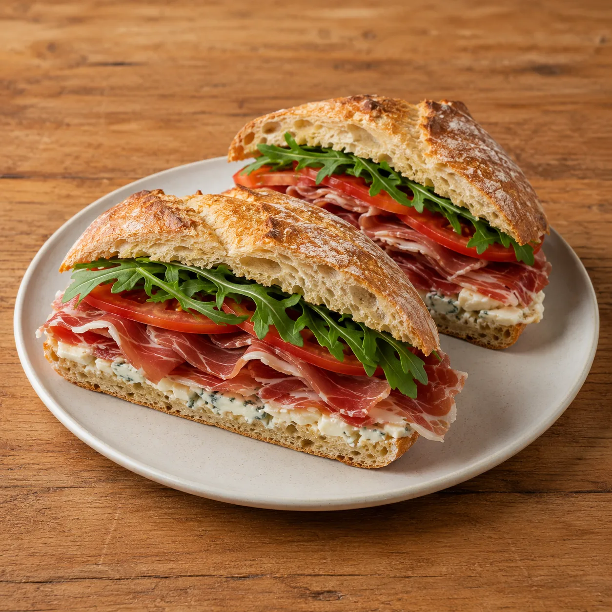Sanduíche Jamon com pasta de gorgonzola, tomate e rúcula